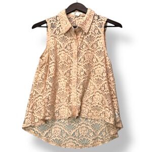 Xai‎ Womens Lace Sleeveless Blouse Peach M Sheer Romantic Soft Girl Top Coquette